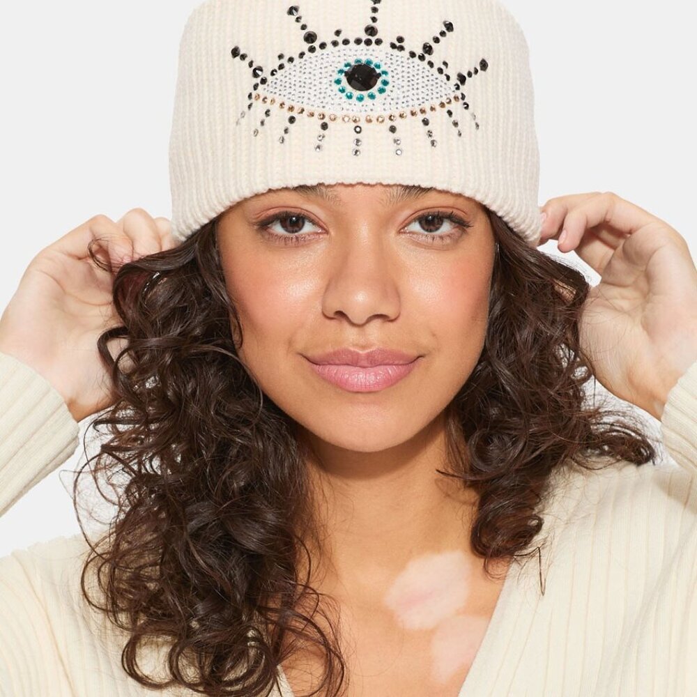 New Kurt Geiger Evil Eye White Knit Headband with Rhinestones